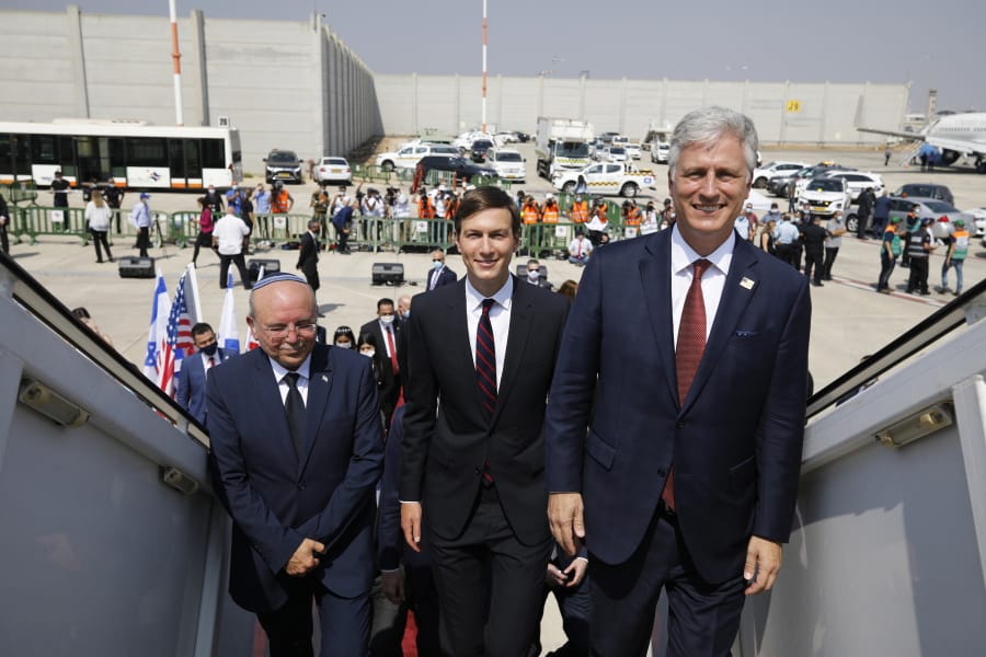 Israeli National Security Advisor Meir Ben-Shabbat, left, U.S. President Donald Trump&#039;s senior adviser Jared Kushner, center, and U.S. National Security Advisor Robert O&#039;Brien, right, board the Israeli flag carrier El Al&#039;s airliner as they fly to Abu Dhabi for talks meant to put final touches on the normalization deal between the United Arab Emirates and Israel, at Ben-Gurion International Airport, near Tel Aviv, Israel Monday, Aug. 31, 2020.