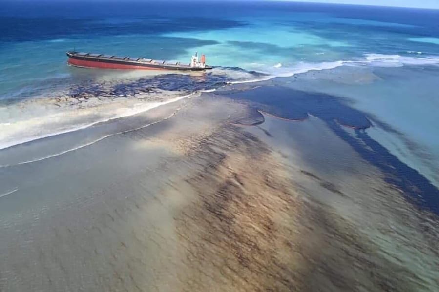 Oil leaks Friday from the MV Wakashio, a bulk carrier that recently ran aground off the southeast coast of Mauritius in the Indian Ocean.