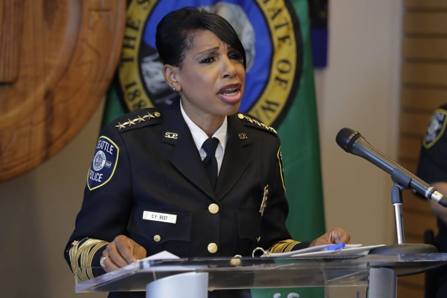 Seattle Police Chief Carmen Best speaks during a news conference Tuesday in Seattle. Best, the first Black woman to lead Seattle&#039;s police department, announced she will be stepping down in September. (ted s.