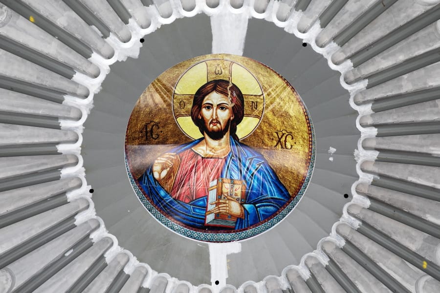 An image of Christ is in place in the ceiling of the St. Nicholas Greek Orthodox Church, Monday, Aug. 3, 2020 at the World Trade Center in New York. The original church was destroyed in the attacks of Sept. 11, 2001. The shrine is expected to open in 2021.