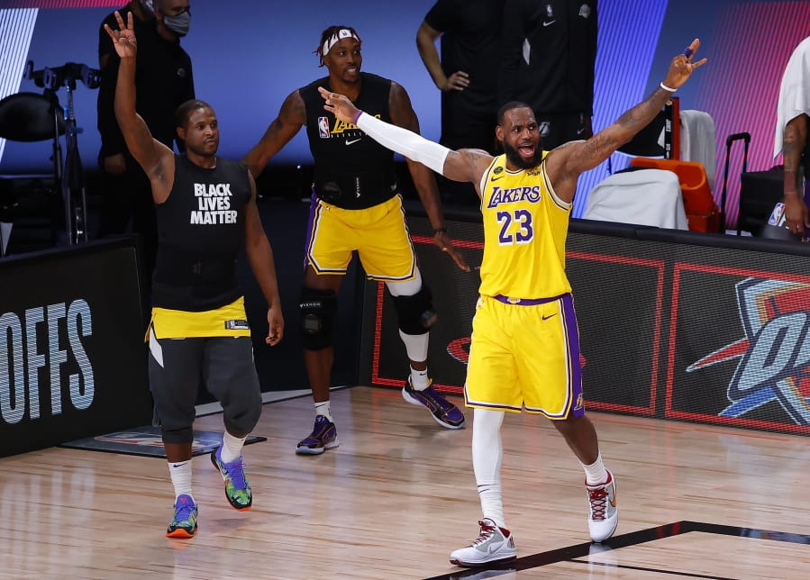 Los Angeles Lakers&#039; LeBron James (23) reacts during the third quarter of Game 2 of an NBA basketball first-round playoff series against the Portland Trail Blazers, Thursday, Aug. 20, 2020, in Lake Buena Vista, Fla. (Kevin C.