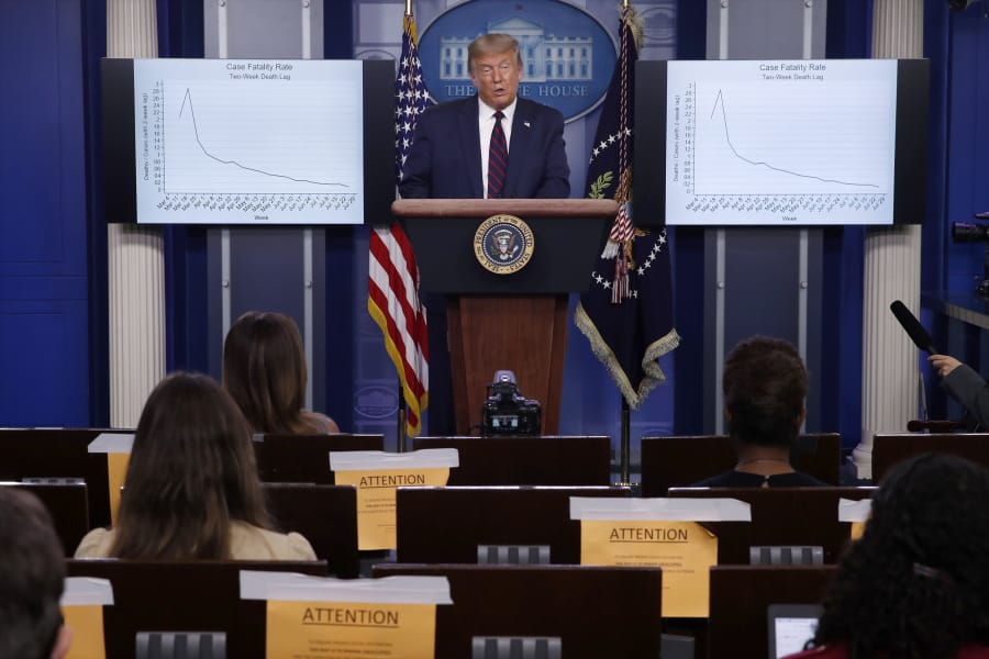 President Donald Trump speaks during a briefing with reporters in the James Brady Press Briefing Room of the White House, Tuesday, Aug.