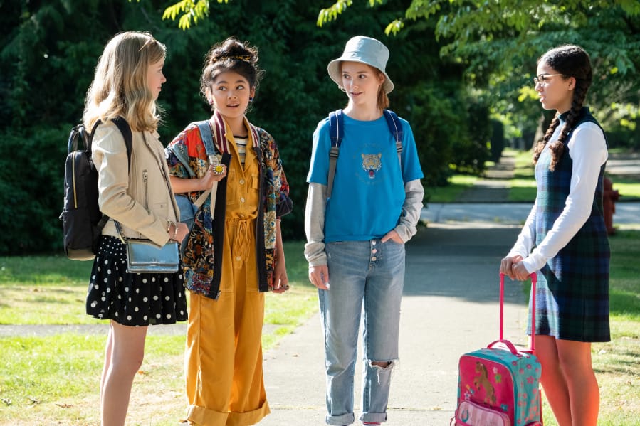 From left, Shay Rudolph, Momona Tamada, Sophie Grace and Malia Baker in &quot;The Baby-Sitters Club.&quot; (Kailey Schwerman/Netflix)