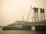 The lift towers on the northbound span of the I-5 Bridge are pictured in Vancouver on Sept. 10, 2020.