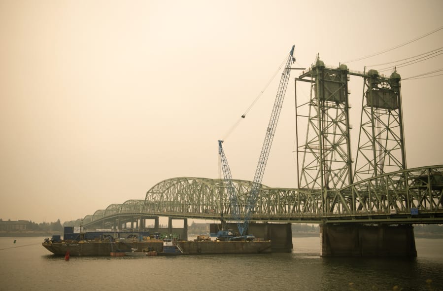 The lift towers on the northbound span of the I-5 Bridge are pictured in Vancouver on Sept. 10, 2020.