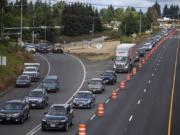Traffic in Vancouver is diverted into one lane Saturday as the Interstate 5 Bridge trunnion repair project begins. The project was delayed due to wildfires throughout the region.