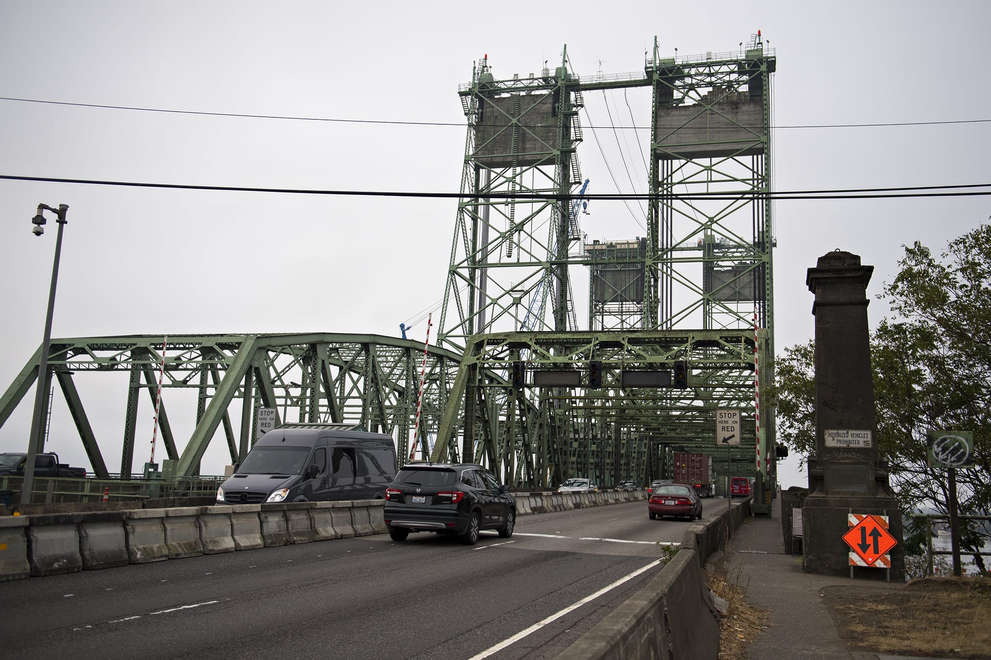 Traffic flows smoothly in both directions in the western section of the Interstate Bridge on Monday morning, Sept. 21, 2020. The northbound lanes in the eastern section of the bridge were closed because of a trunnion replacement project.