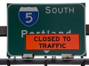 A sign posted along West 5th Street notifies motorists the on-ramp to Interstate 5 southbound is closed Monday morning, Sept. 21, 2020. Traffic was routed around the area and still allowed to continue south towards Portland.