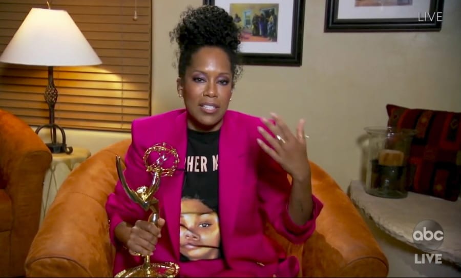 In this video grab captured on Sept. 20, 2020, courtesy of the Academy of Television Arts &amp; Sciences and ABC Entertainment, Regina King accepts the award for outstanding lead actress in a limited series or movie for &quot;Watchmen&quot; during the 72nd Emmy Awards broadcast.