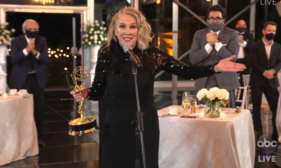 In this video grab captured on Sept. 20, 2020, courtesy of the Academy of Television Arts &amp; Sciences and ABC Entertainment, Catherine O&#039;Hara accepts the award for outstanding lead actress in a comedy series for &quot;Schitt&#039;s Creek&quot; during the 72nd Emmy Awards broadcast.
