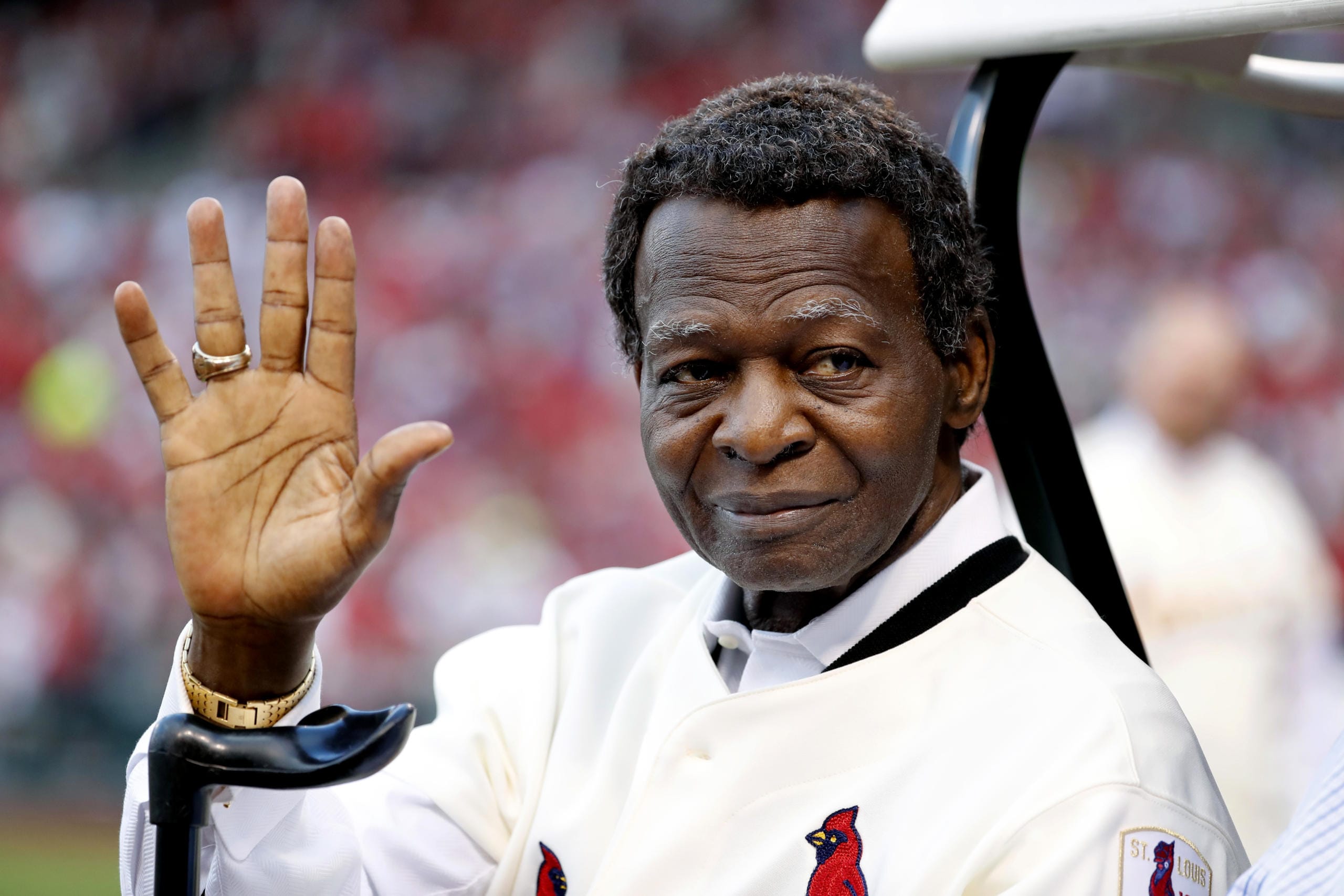 FILE - In this May 17, 2017, file photo, Lou Brock, a member of the St. Louis Cardinals' 1967 World Series championship team, takes part in a ceremony honoring the 50th anniversary of the victory before a baseball game between the Cardinals and the Boston Red Sox in St. Louis. Hall of Famer Brock, one of baseball’s signature leadoff hitters and base stealers who helped the Cardinals win three pennants and two World Series titles in the 1960s, has died. He was 81.