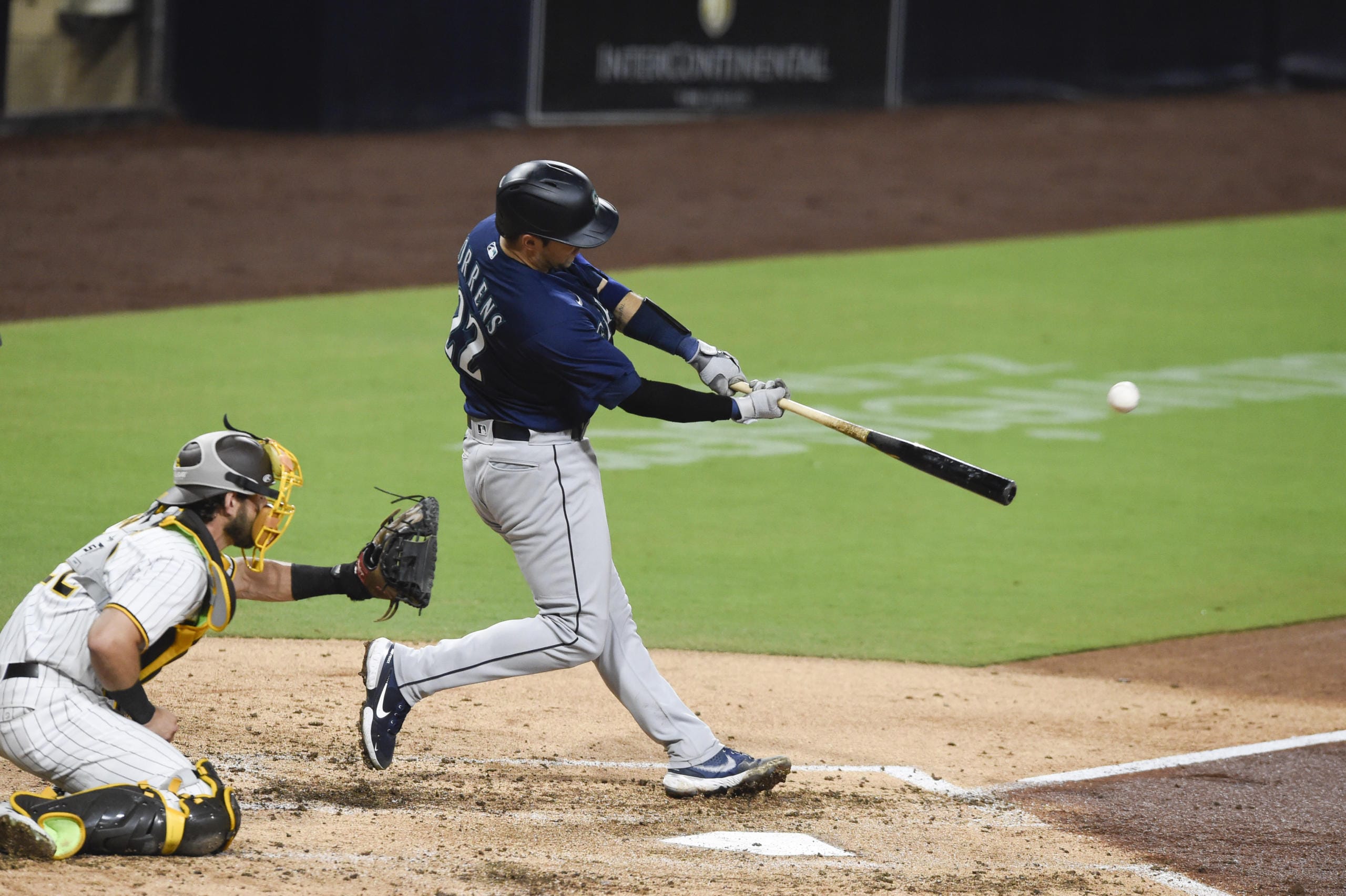 Seattle Mariners' Luis Torrens hits an RBI double during the third inning of the team's baseball game against the San Diego Padres on Saturday, Sept. 19, 2020, in San Diego.