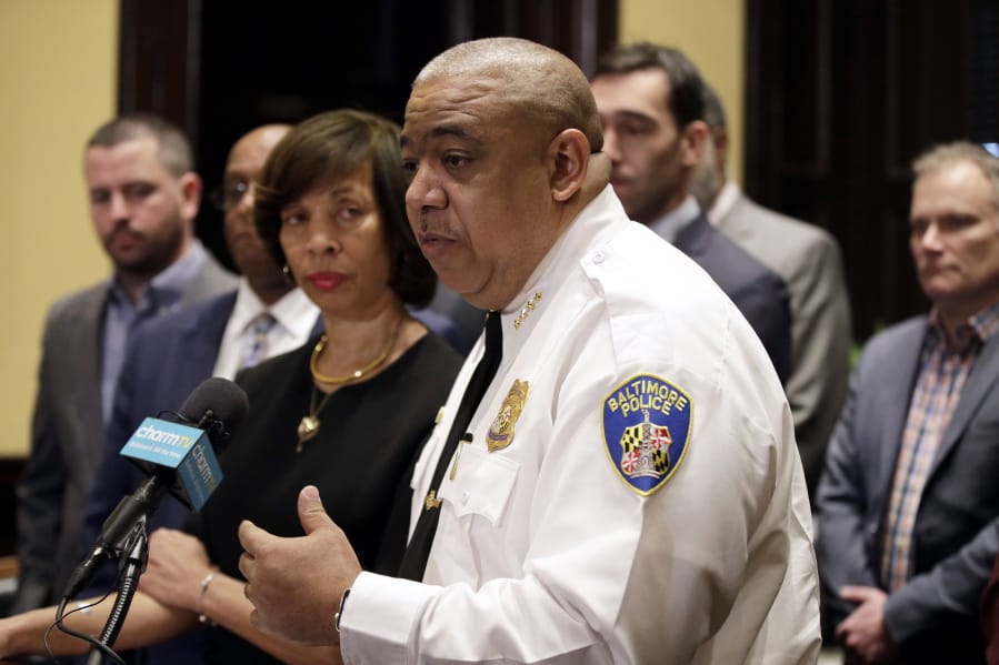 FILE - In this Monday, Feb. 11, 2019 file photo, Michael Harrison, acting commissioner of the Baltimore Police Department, speaks at an introductory news conference in Baltimore. The Baltimore Police Department has revealed the aerial surveillance system being tested in the city since May has provided officers evidentiary information in 81 cases, including 19 homicides. But the department on Friday. Sept. 11, 2020 also acknowledged it does not have enough data yet to determine the effectiveness of the pilot program.