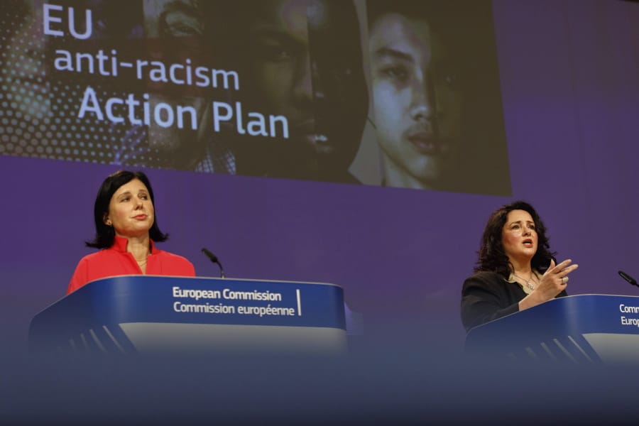 European Commissioner for Values and Transparency Vera Jourova and European Commissioner for Equality Helena Dalli participate in a media conference on the EU anti-racism Action Plan at EU headquarters in Brussels, Friday, Sept. 18, 2020.