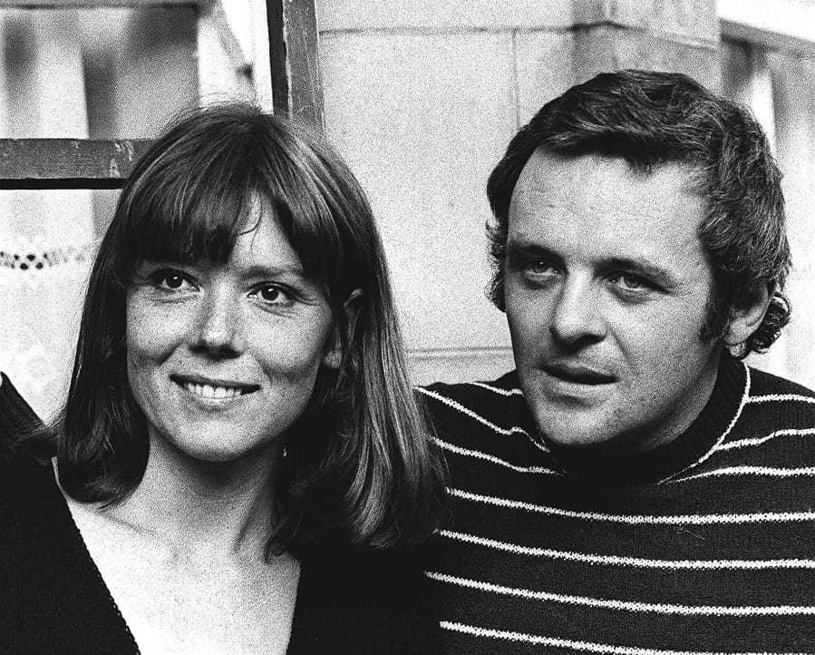 FILE - In this Sept. 20, 1972 file photo, British actress Diana Rigg and actor Anthony Hopkins attend the opening night of Macbeth at the National Theatre, London. Rigg plays Lady Macbeth opposite Hopkins&#039; Macbeth in the Shakespearean tragedy. Actress Diana Rigg, who became a 1960s style icon as secret agent Emma Peel in TV series &quot;The Avengers,&quot; has died at age 82. Rigg&#039;s agent Simon Beresford says she died Thursday Sept. 10, 2020 at home with her family.