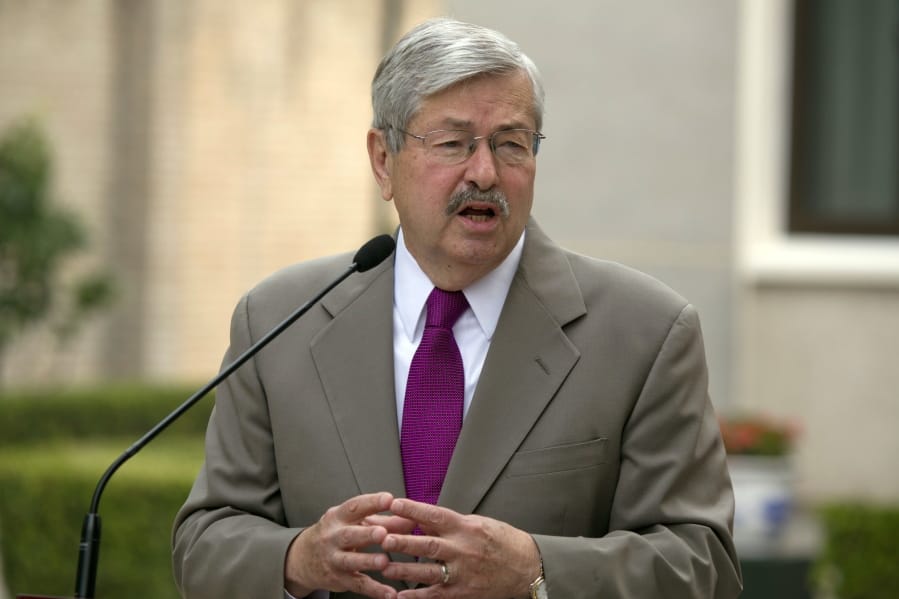 FILE - In this June 28, 2017, file photo, U.S. Ambassador to China Terry Branstad makes comments about pro-democracy activist and Nobel Laureate Liu Xiaobo during a photocall and remarks to journalists at the Ambassador&#039;s residence in Beijing. Outgoing Ambassador Branstad said Thursday, Sept. 17, 2020, he will help out Republicans campaigning in his native Iowa after returning home next month.