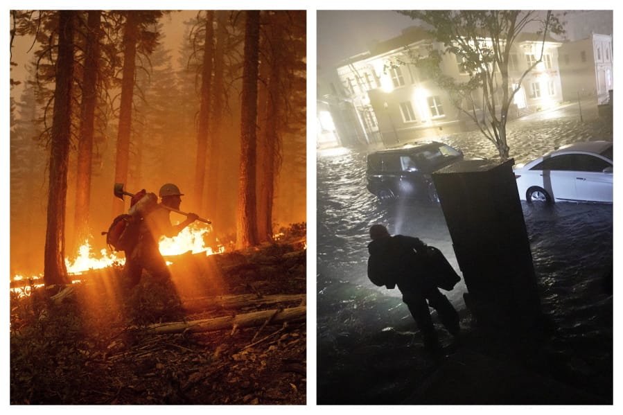 This combination of photos shows a firefighter at the North Complex Fire in Plumas National Forest, Calif., on Monday, Sept. 14, 2020, left, and a person using a flashlight on flooded streets in search of their vehicle, Wednesday, Sept. 16, 2020, in Pensacola, Fla. In the past week, swaths of the country have been burning and flooding in devastating extreme weather disasters.