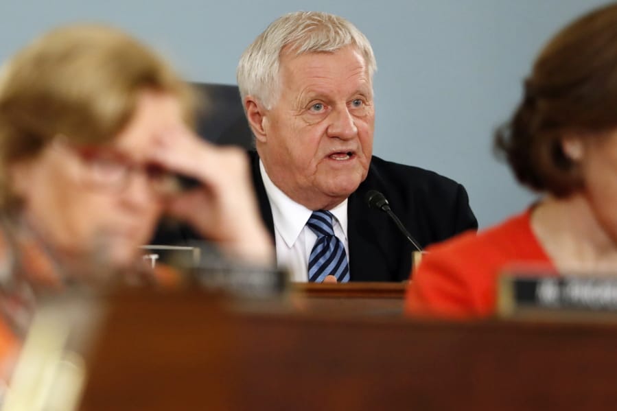 FILE - In this Feb. 27, 2019 file photo, House Agriculture Committee Chairman Rep. Collin Peterson, D-Minn., asks a question on Capitol Hill in Washington. Veteran representatives facing tight reelections in include Peterson of Minnesota and Steve Chabot of Ohio.