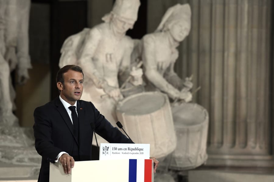 French President Emmanuel Macron speaks during a ceremony to celebrate the 150th anniversary of the proclamation of the Republic, at the Pantheon monument, Friday Sept.4. 2020 in Paris.