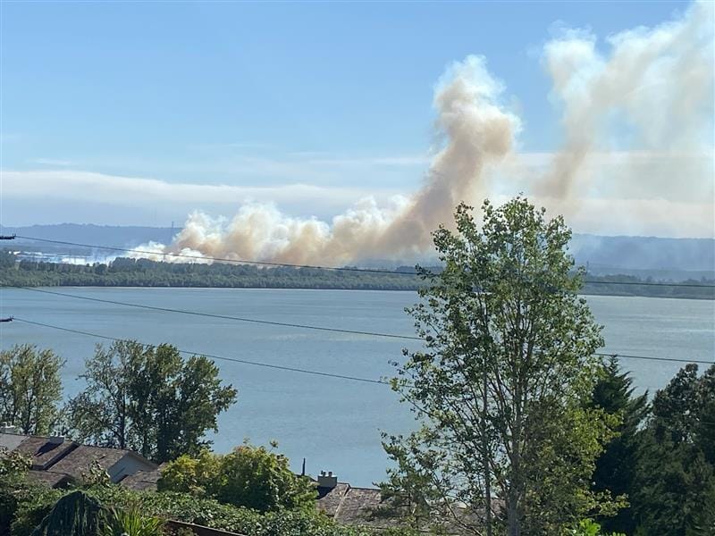 Firefighters are responding to several blazes around Vancouver this afternoon, with a fire off Fruit Valley Road currently receiving the most attention. Gini Jones took this photo of the fire near Fruit Valley from across Vancouver Lake.