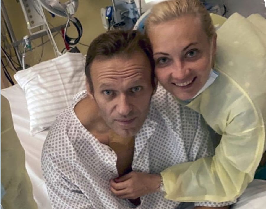 This handout photo published by Russian opposition leader Alexei Navalny on his instagram account, shows himself and his wife Yulia, posing for a photo in a hospital in Berlin, Germany. Russian opposition leader Alexei Navalny has posted the picture Tuesday Sept. 15, 2020, with the caption &quot;Hi, this is Navalny. I have been missing you.