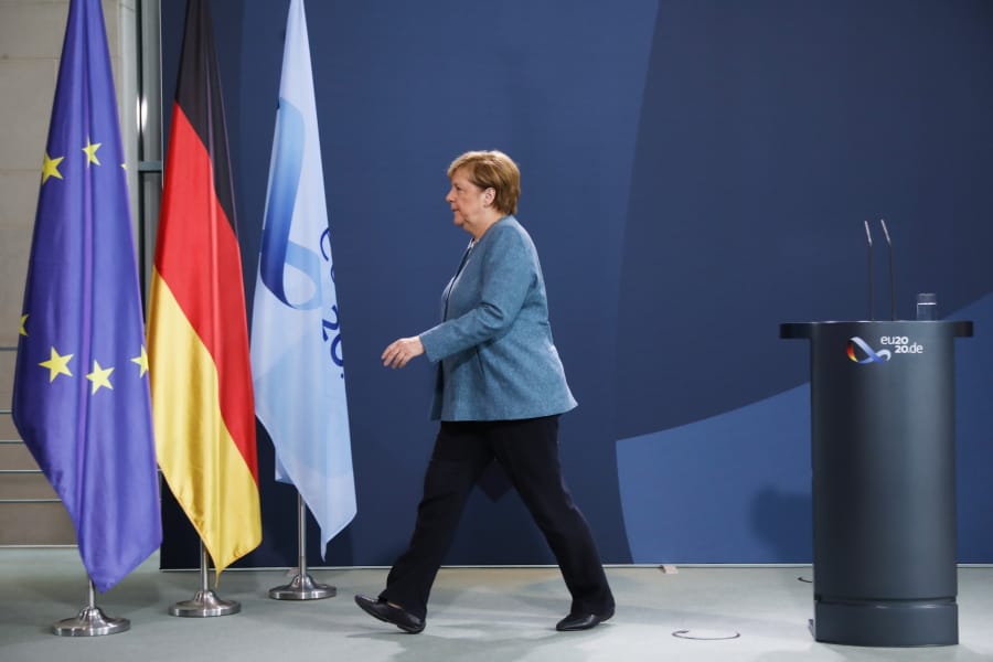 German Chancellor Angela Merkel leaves after a statement about latest developments in the case of Russian opposition leader Alexei Navalny at the chancellery in Berlin, Germany, Wednesday, Sept. 2, 2020.Germany. Russian opposition leader Alexei Navalny was the victim of an attack and poisoned with the Soviet-era nerve agent Novichok, the German government said Wednesday, Sept. 2, 2020 citing new test results.