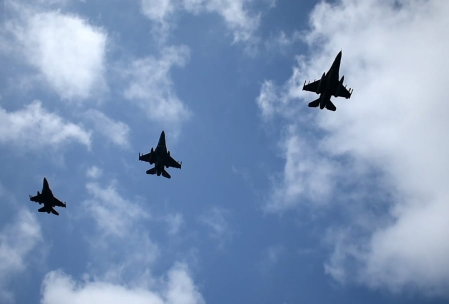 In this photo provided by the Greek Defense Ministry on Friday, Sept. 4, 2020, air force jets participate in a joined training drill with armed forces from Greece and the United Arab Emirates near the Greek island of Crete, southern Greece. Turkey&#039;s president on Saturday, Sept. 5, 2020, has warned Greece to enter talks over disputed eastern Mediterranean territorial claims or face the consequences. Ankara is currently facing off against Greece and Cyprus over oil and gas exploration rights in the eastern Mediterranean. All sides have deployed naval and air forces to assert their competing claims in the region.
