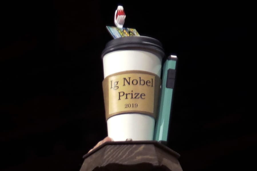 The 2019 Ig Nobel award is displayed at the 29th annual Ig Nobel awards ceremony at Harvard University in Cambridge, Mass.