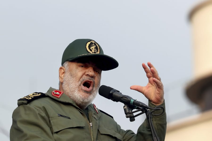 FILE - In this Monday, Nov. 25, 2019 file photo, Chief of Iran&#039;s Revolutionary Guard Gen. Hossein Salami speaks at a pro-government rally, in Tehran, Iran. The chief of Iran&#039;s paramilitary Revolutionary Guard has threatened to go after everyone who had a role in a top general&#039;s January killing during a U.S. drone strike in Iraq. The guard&#039;s website on Saturday, Sept. 19, 2020 quoted Gen. Hossein Salami as saying, &quot;Mr. Trump! Our revenge for martyrdom of our great general is obvious, serious and real.&quot; U.S. President Donald Trump warned this week that Washington would harshly respond to any Iranian attempts to take revenge for the death of Gen. Qassem Soleimani.