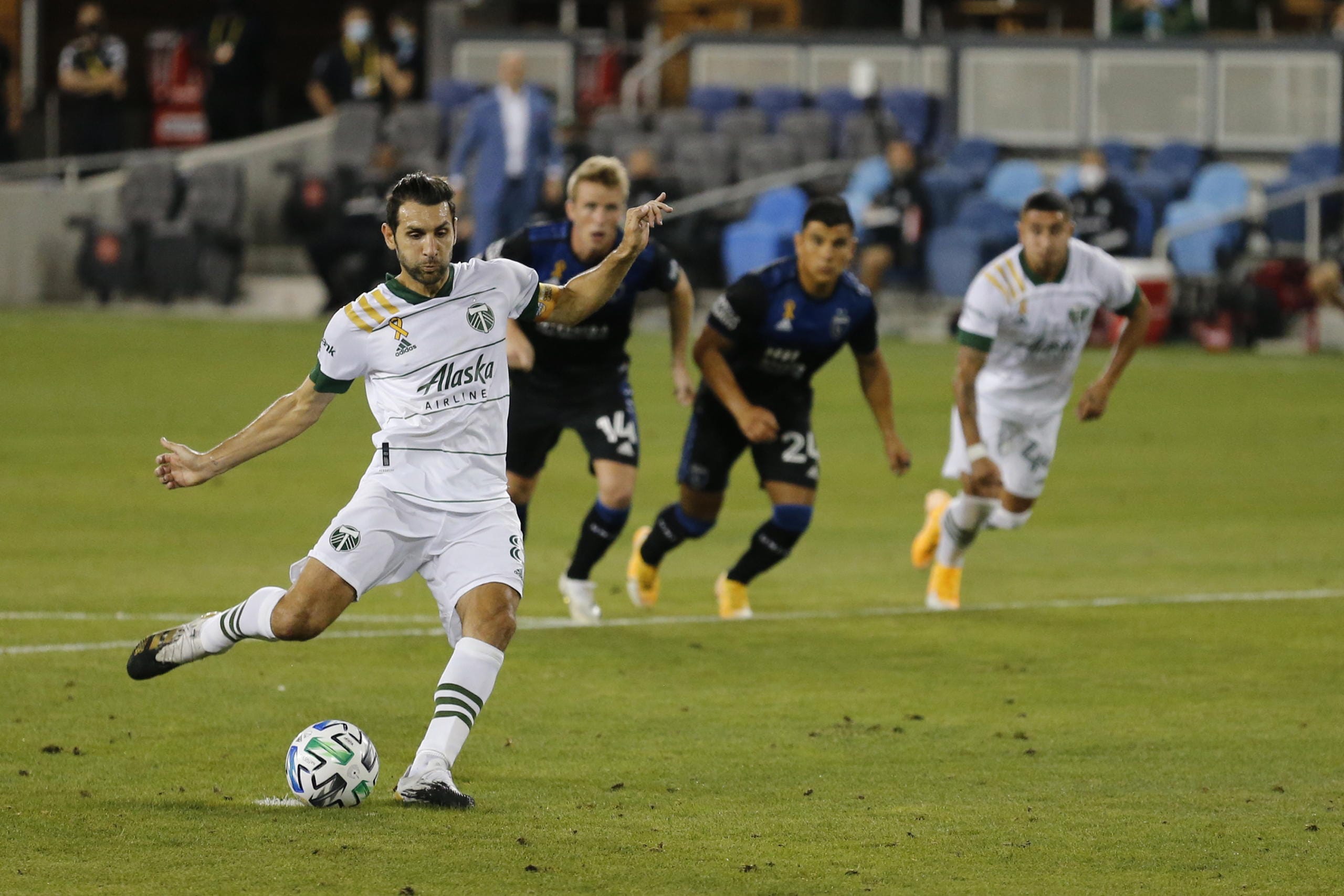 Portland Timbers midfielder Diego Valeri (8) kicks a penalty shot against San Jose Earthquakes during the first half of an MLS soccer match Saturday, Sept. 19, 2020, in San Jose, Calif.