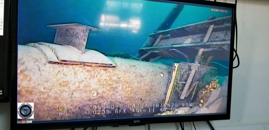 FILE - This June 2020, file photo, shot from a television screen provided by the Michigan Department of Environment, Great Lakes, and Energy shows damage to anchor support EP-17-1 on the east leg of the Enbridge Line 5 pipeline within the Straits of Mackinac in Michigan.