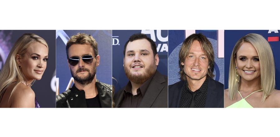 This combination photo shows, from left, Carrie Underwood, Eric Church, Luke Combs, Keith Urban and Miranda Lambert, who were nominated for Entertainer of the Year for the 54th Annual CMA Awards on Tuesday, Sept. 1, 2020.