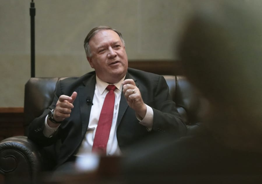 Secretary of State Mike Pompeo talks during a question and answer sessions with state Republican legislators in the Senate chamber of the Wisconsin State Capitol in Madison, Wis. Wednesday, Sept. 23, 2020.