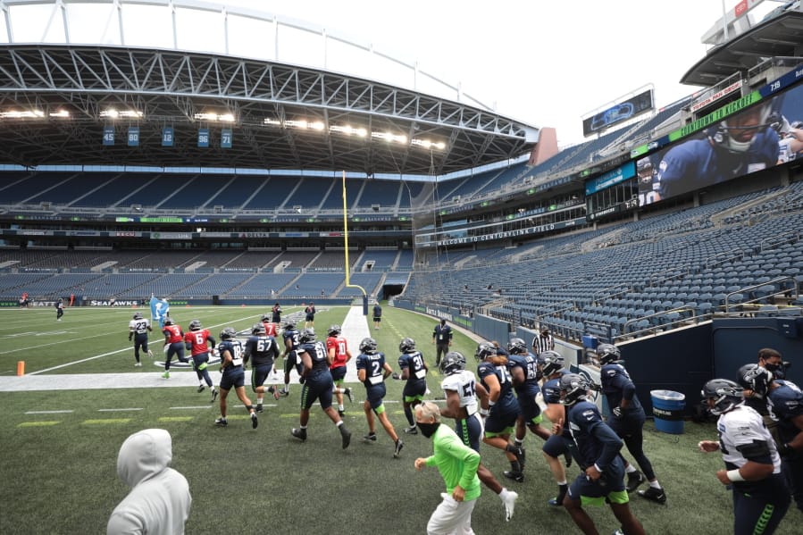 The Seattle Seahawks take to an empty CenturyLink Field for an August scrimmage. It will look a lot like this on Sunday night, Sept. 20, 2020, when the New England Patriots visit Seattle.