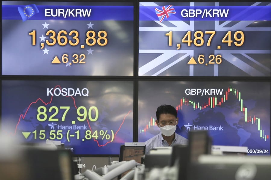 A currency trader watches monitors at the foreign exchange dealing room of the KEB Hana Bank headquarters in Seoul, South Korea, Thursday, Sept. 24, 2020.