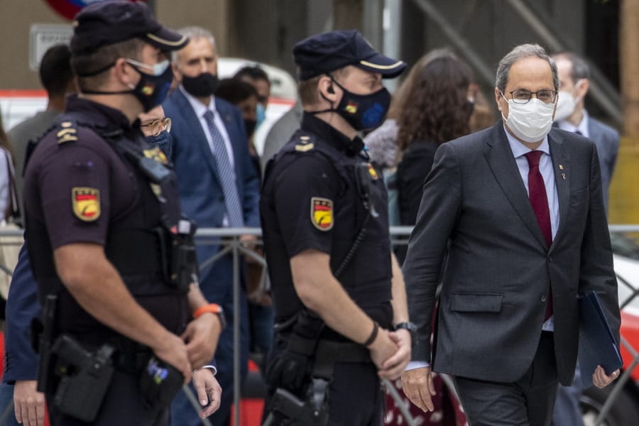 Catalan regional President Quim Torra arrives at the Spanish Supreme Court in Madrid, Spain, Thursday, Sept. 17, 2020.  Spain&#039;s Supreme Court is hearing closing arguments over whether to uphold or overturn the barring from public office of Catalonia&#039;s separatist-minded regional leader.