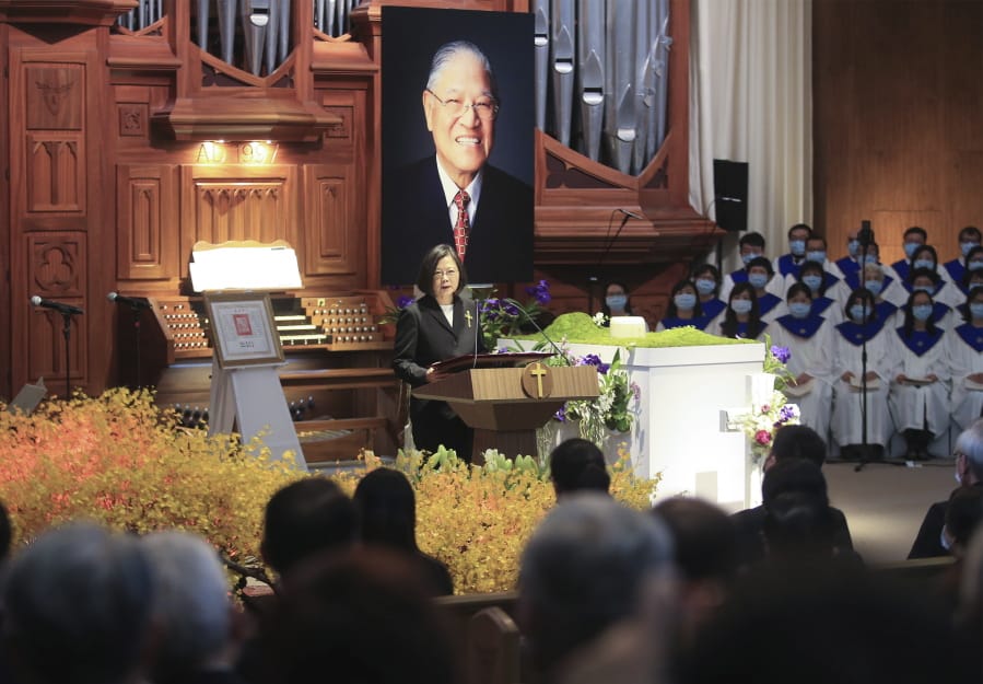 Taiwan President Tsai Ing-wen speaks during a memorial service for the late former Taiwanese President Lee Teng-hui in Taipei, Taiwan on Saturday, Sept. 19, 2020.