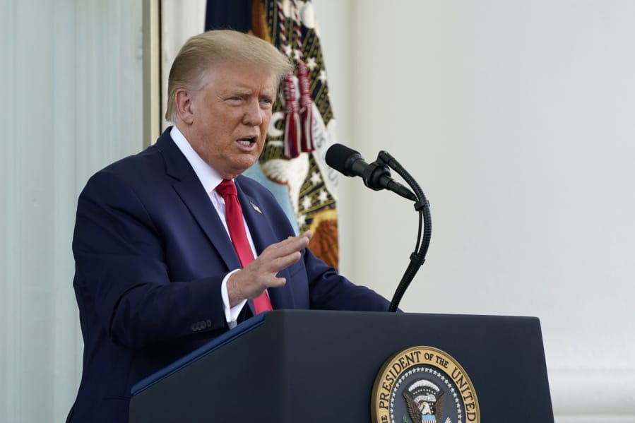 President Donald Trump speaks during a news conference on the North Portico of the White House, Monday, Sept. 7, 2020, in Washington.
