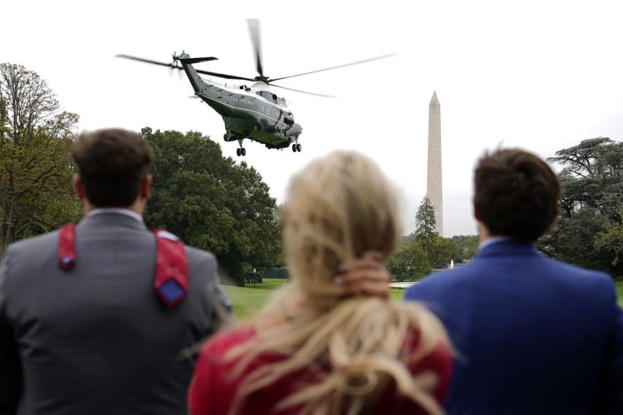 Marine One, with President Donald Trump aboard, lifts off from the South Lawn of the White House in Washington, Thursday, Sept. 24, 2020, for a short trip to Andrews Air Force Base, Md. Trump is traveling to North Carolina and Florida.