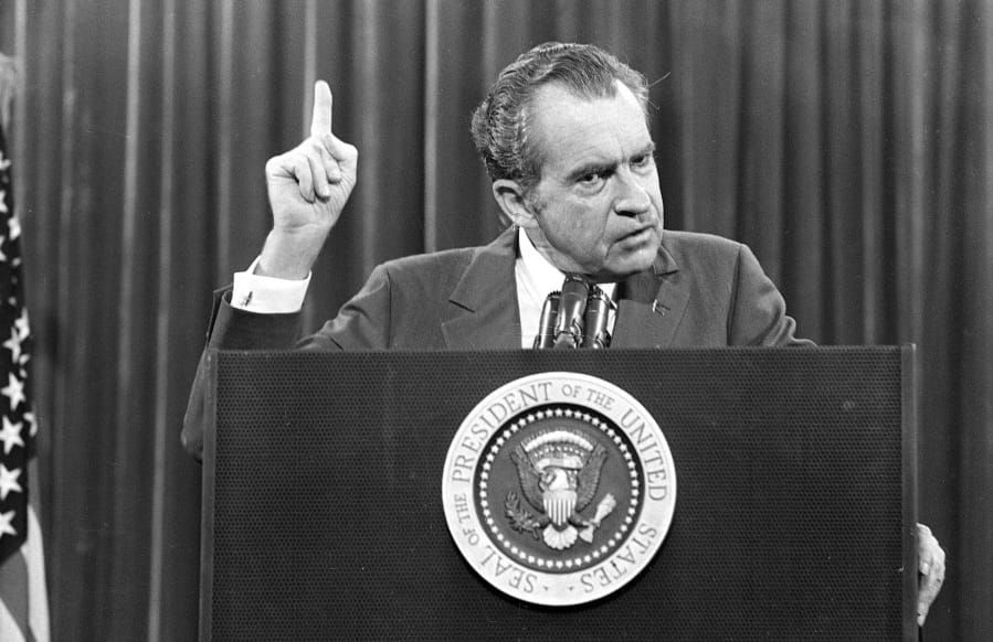 FILE - In this Nov. 17, 1973 file photo, President Richard Nixon speaks near Orlando, Fla. to the Associated Press Managing Editors annual meeting. Nixon told the APME &quot;I am not a crook.&quot; There were two men in 1980s Manhattan who craved validation -- one a past president, one a future president. That&#039;s how a thirty-something Donald Trump and a seventy-ish Richard Nixon struck up a decade-long correspondence in the 1980s that meandered from football and real estate to Vietnam and media strategy. Their letters are being revealed for the first time in an exhibit that opens Thursday at the Richard Nixon Presidential Library &amp; Museum.