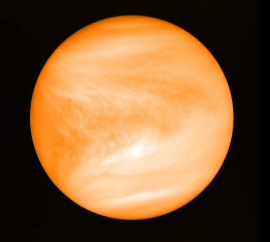 This May 2016 photo provided by researcher Jane Greaves shows the planet Venus, seen from the Japan Aerospace Exploration Agency&#039;s Akatsuki probe. A report released on Monday, Sept. 14, 2020 says astronomers have found a potential signal of life high in the atmosphere of our nearest neighboring planet. (J.