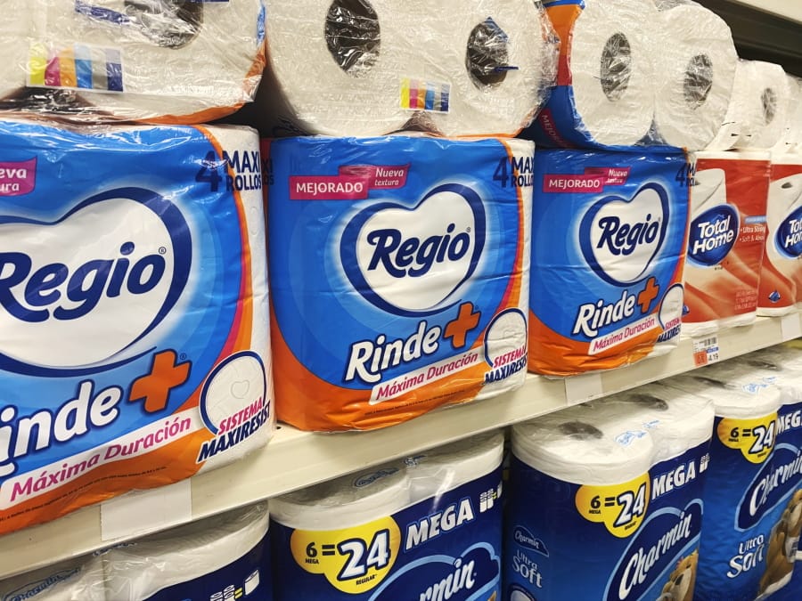 This Sept. 4, 2020, photo, shows Regio, a Mexican toilet paper brand, on the shelf at a CVS in New York. Demand for toilet paper has been so high during the pandemic that in order to keep their shelves stocked, retailers across the country are buying up foreign toilet paper brands, mostly from Mexico.