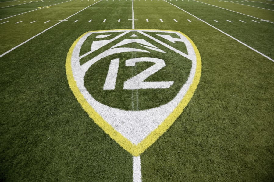 The Pac-12 logo at Autzen Stadium in Eugene, Ore.