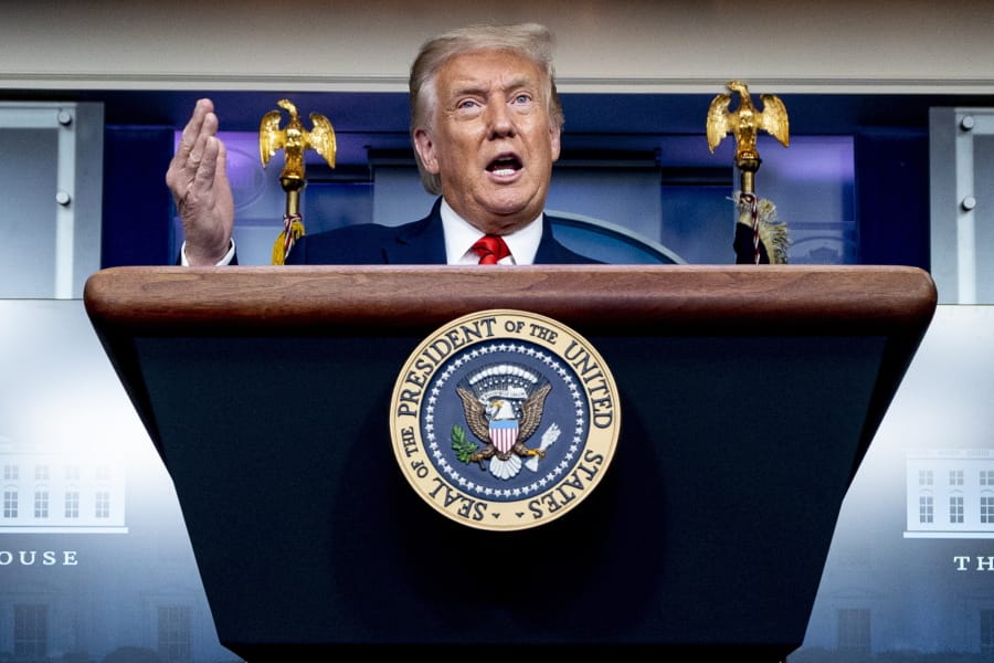 In this Aug. 31, 2020 file photo, President Donald Trump speaks during a news conference in the James Brady Press Briefing Room in Washington. Most Americans are deeply pessimistic about the direction of the country and skeptical of President Donald Trump&#039;s handling of the coronavirus pandemic.  That&#039;s according to a new poll from The Associated Press-NORC Center for Public Affairs Research. The survey shows that roughly 7 in 10 Americans think the nation is on the wrong track. And as the nation nears 200,000 deaths from the coronavirus pandemic, just 39% of Americans approve of Trump&#039;s handling of the health crisis. Americans have a more favorable views of public health officials, as they have throughout the pandemic.