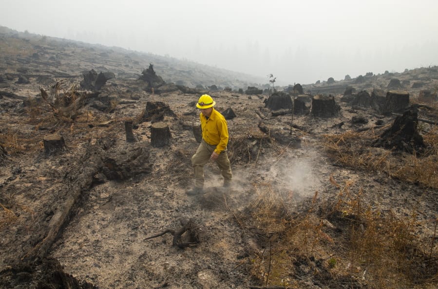 Marcus Kauffman with the Oregon Department of Forestry, walks through a burned out area of the Holiday Farm Fire along the southwest edge of the burn area above Deerhorn, Ore., Thursday, Sept. 17, 2020.
