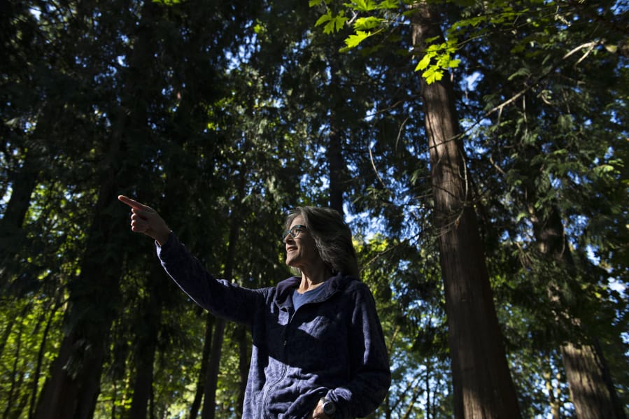 Elizabeth Koch of Vancouver, who is a cancer survivor, points out some of her favorite areas in Jorgenson Woods Neighborhood Park. Koch believes in the therapeutic power of nature and forests.