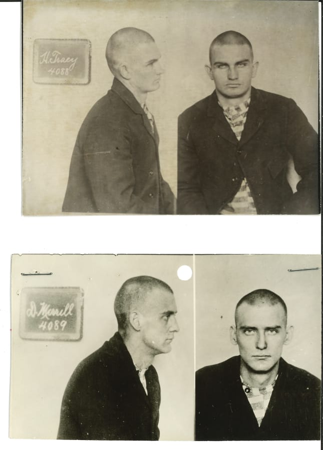 Incarcerated in the Oregon State Penitentiary at Salem in 1901, Harry Tracy (top) and his friend, David Merrill (bottom) wear prison stripes. The fugitives, using rifles smuggled into the prison, shot four men during their 1902 breakout. They led Oregon posses on a meandering chase, before crossing into Clark County. Merrill and his sister (and Tracy&#039;s wife) Mollie, grew up in Vancouver. Mollie helped her husband break out of a Portland jail as he awaited transport to the Salem prison. Whether she aided the prison breakout isn&#039;t known.