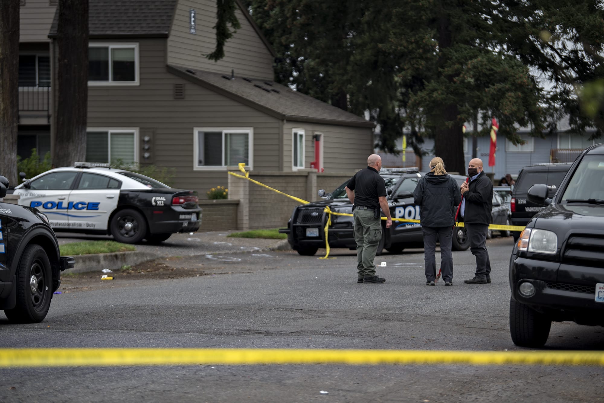 Officials investigate after a domestic violence investigation resulted in a non-fatal police shooting in Vancouver's Rose Village neighborhood on Monday morning, Oct. 5, 2020.