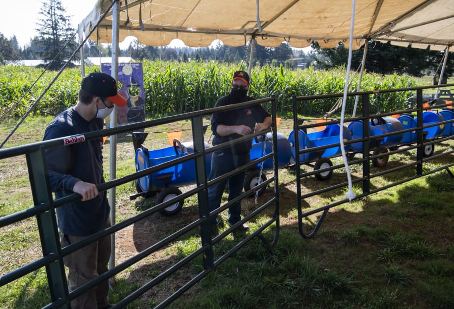 Caden Reed, 16, left, helps Jeff Walton, right, as they set up the farm for customers at Waltons Farms in Camas on Oct. 9. The pumpkin patch and corn maze opened at the beginning of the month for the fall season.