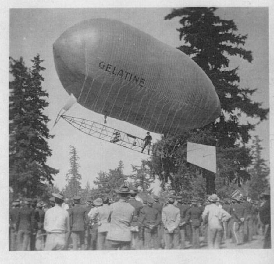 A photo of the dirigible, Gelatine, carries a note: &quot;Vancouver, Wash April 15, 1906; In the Good Old Summer Time a letter to you by to-morrows mail. Very Truly yours, Win.&quot; The signer was probably a Vancouver postal clerk named Wingenald &quot;Win&quot; Carson, who received the first batch of airmail letters ever sent eight months earlier. Upon returning, the youthful dirigible pilot, Lincoln Beachey, fought high winds. For almost two hours he floated over Clark County shattering the previous duration record by 20 minutes before landing in a field near Orchards.